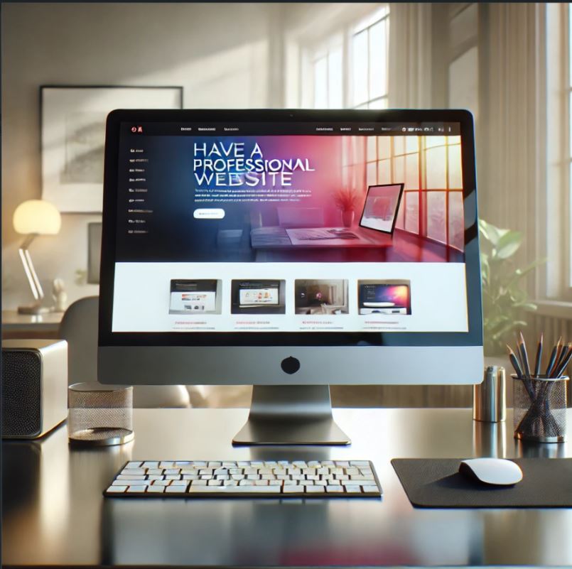 Un espacio de trabajo moderno con un iMac que muestra un diseño web profesional.