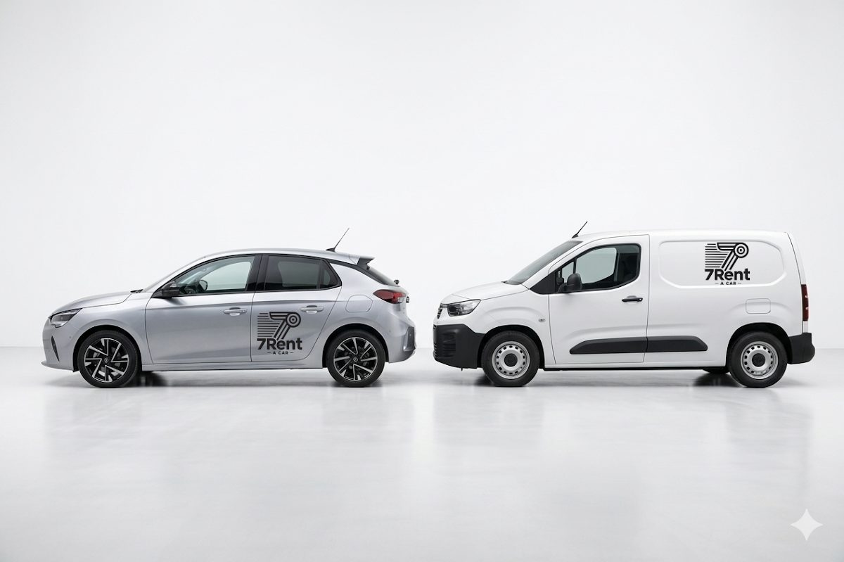 A silver car and a white van with the 7Rent logo parked side by side against a plain background.