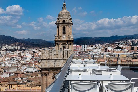 La terraza de la azotea del AC Hotel Malaga Palacio ofrece unas vistas impresionantes del horizonte de Málaga y las montañas.