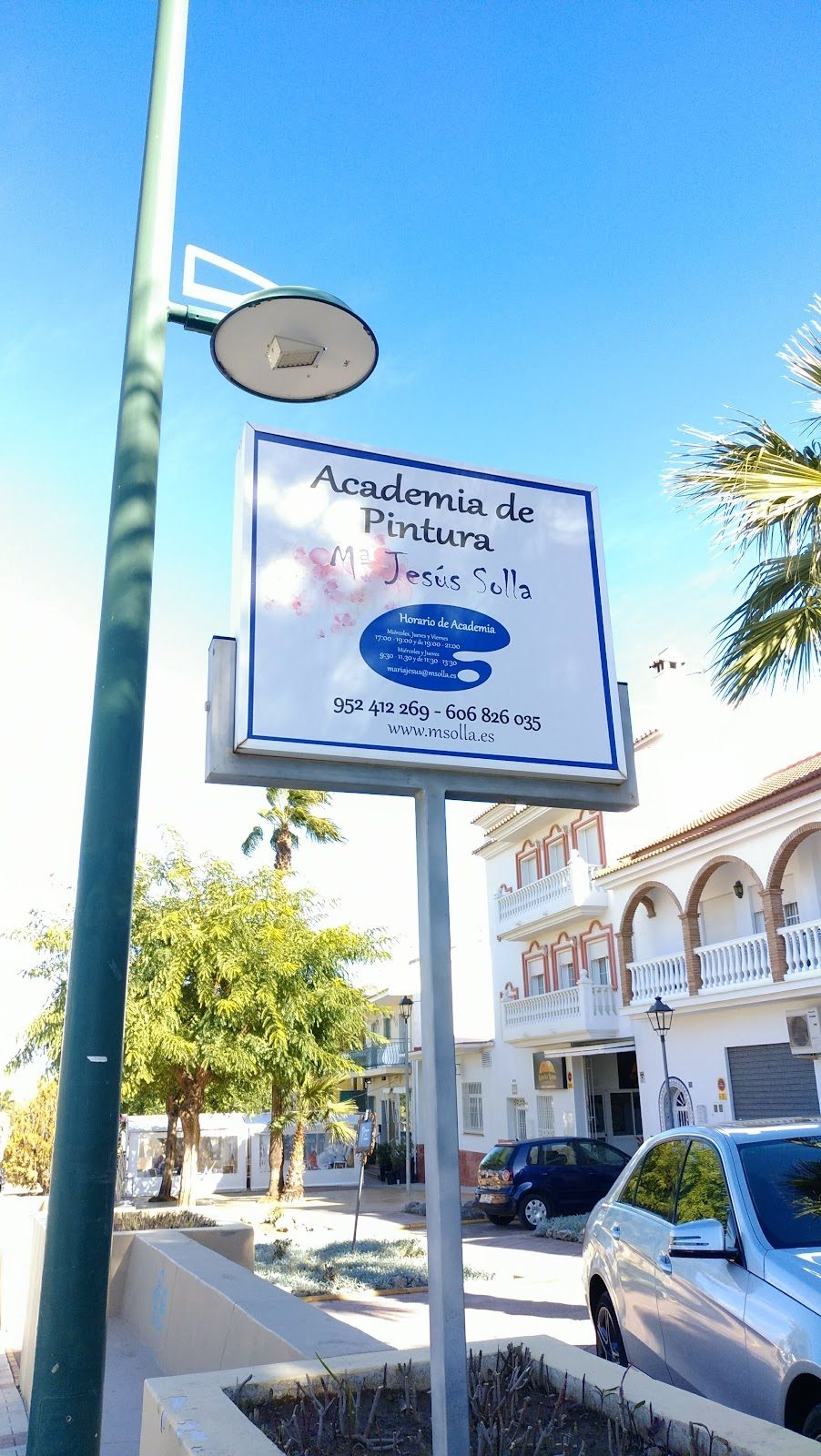 Sign for Academia de Arte Mª Jesús Solla, featuring the name and contact information, surrounded by palm trees.