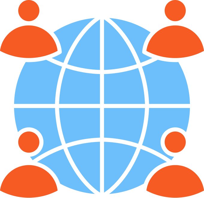 Logo of Agencia MD Marketing Digital featuring a globe surrounded by stylized figures, representing digital connectivity.
