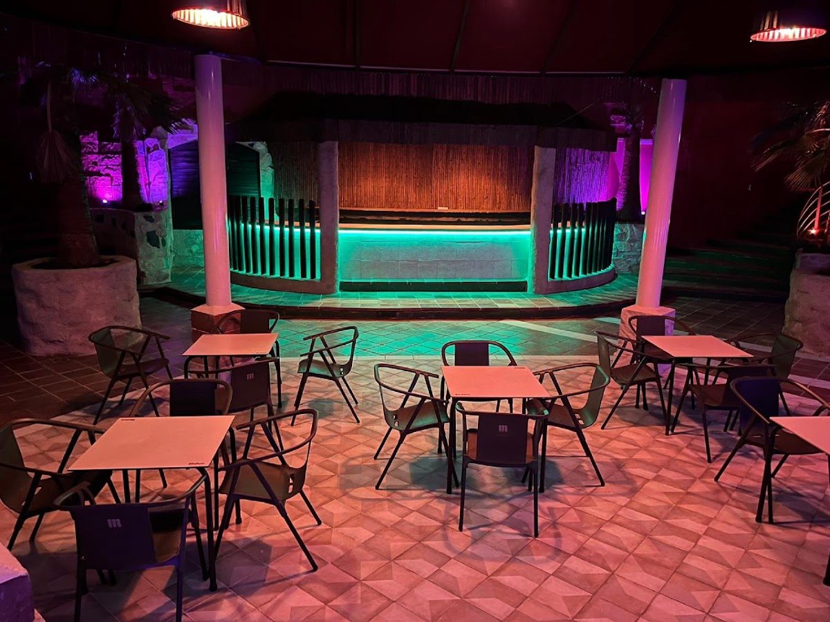 Agora The Club features a vibrant bar area with colorful lighting and empty tables arranged for guests.
