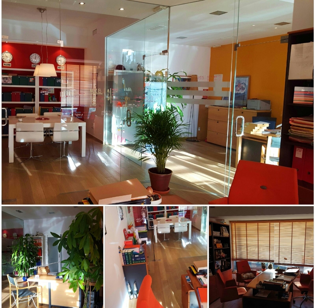 Interior de oficina moderno de Alejandra Fossi Armijo, con mamparas de cristal, decoración colorida y espacios de trabajo organizados.