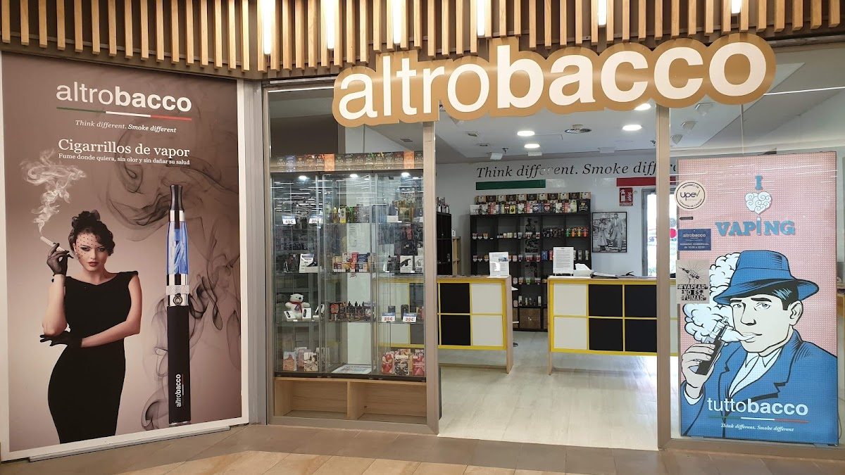 The storefront of Altrobacco features electronic cigarettes and vaping products, with stylish signage and displays.