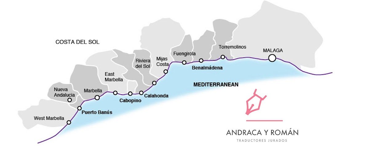 Map showing the location of Andraca y Román Traductores Jurados in Málaga along the Costa del Sol.