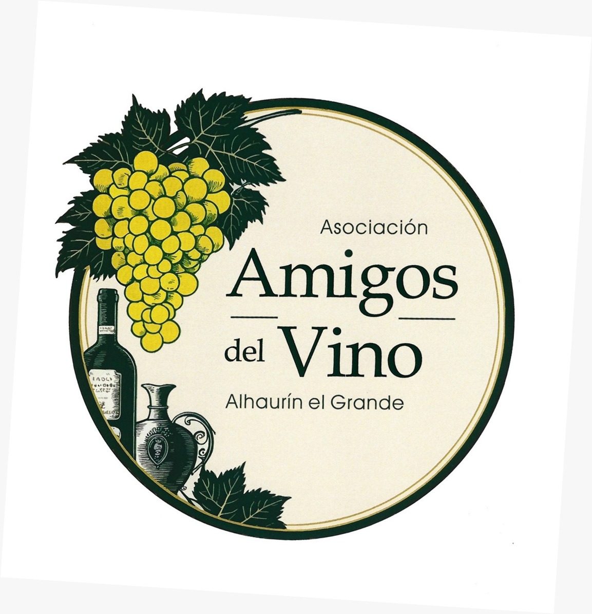 Logo of Asociación Amigos del Vino de Alhaurín el Grande featuring grapes, a wine bottle, and a jug.