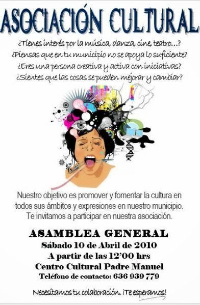 A colorful poster for Asociación Cultural ArteFacta promoting a cultural assembly with artistic themes and contact details.