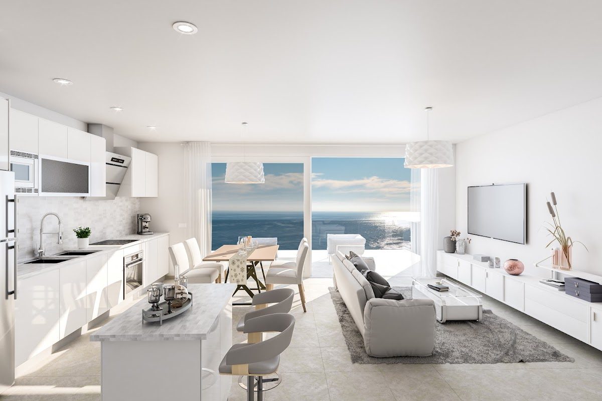 Moderna sala de estar de planta abierta con cocina, comedor y vistas panorámicas al mar en Bayview Hills.