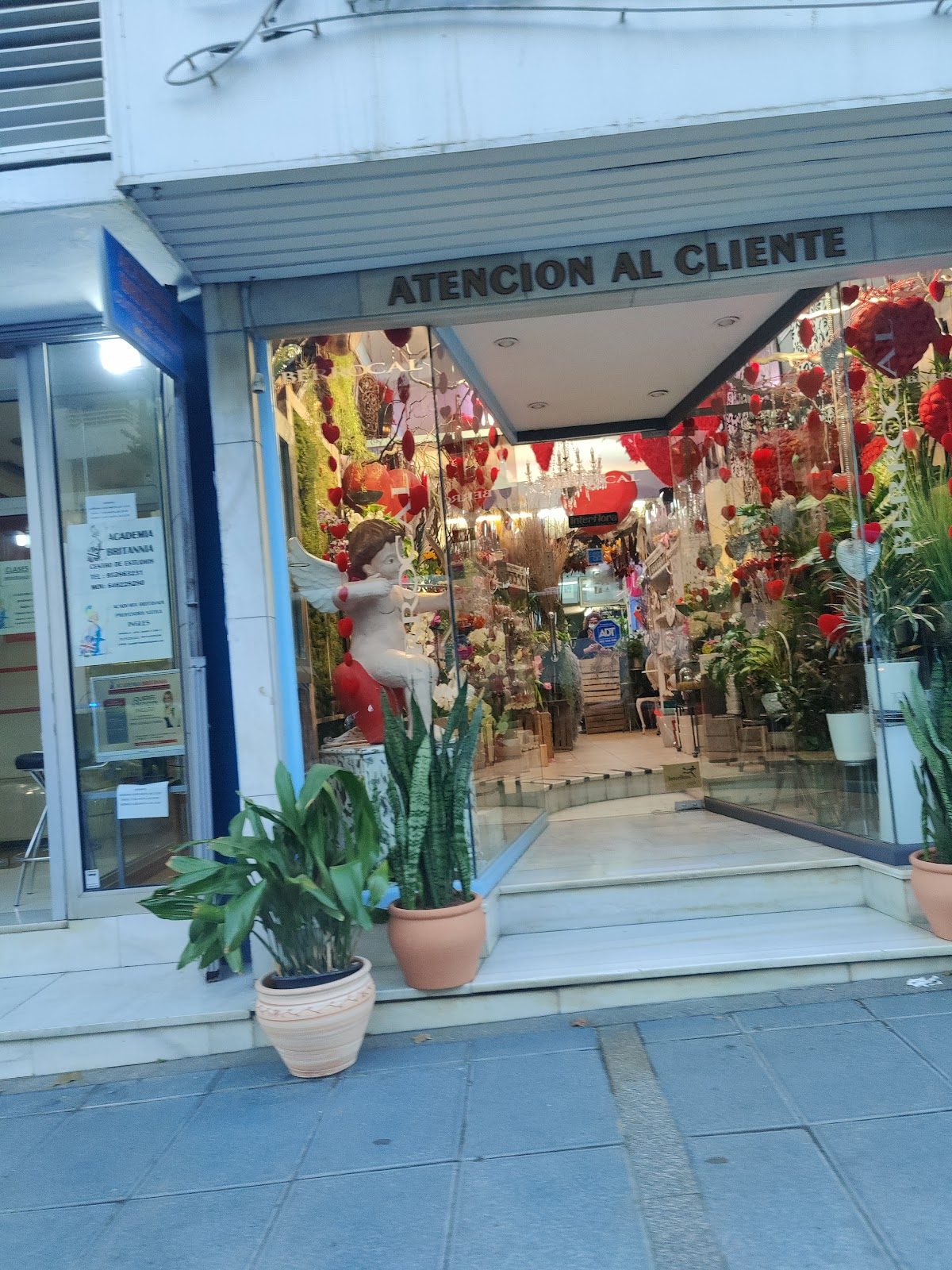 La entrada de Berrocal Floristas presenta vibrantes arreglos florales y elementos decorativos.