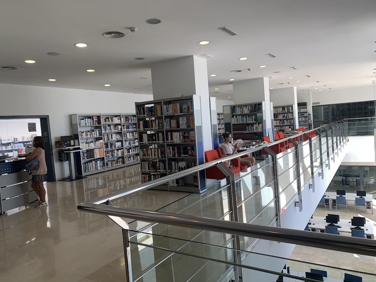 The Biblioteca Municipal features modern shelving, reading areas, and patrons engaged in study.