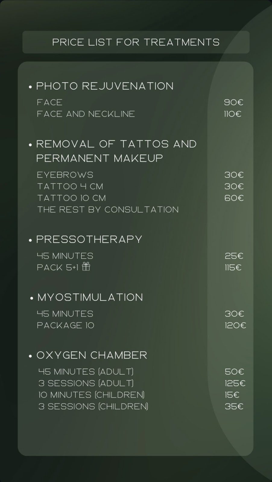 Lista de precios de los tratamientos Body & Soul, que incluyen fotorejuvenecimiento, eliminación de tatuajes y servicios de cámara de oxígeno.