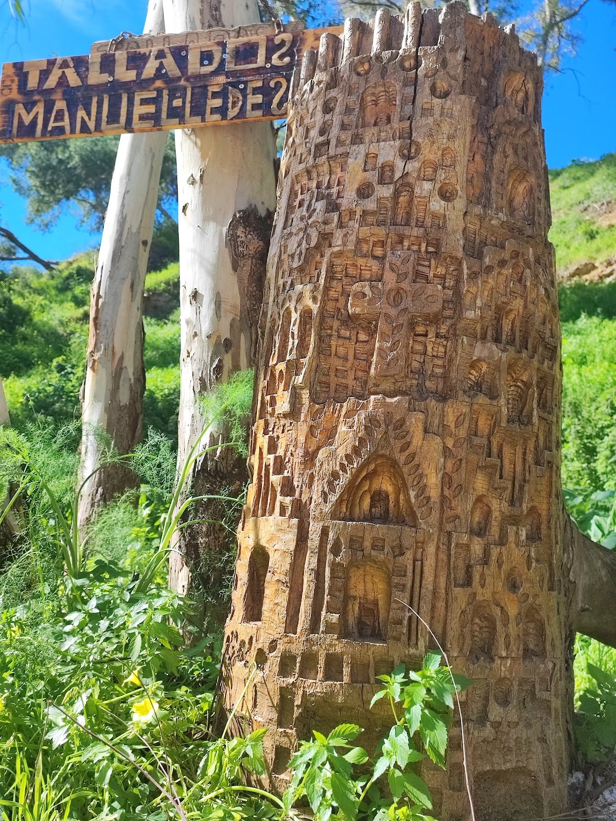 Una detallada escultura de madera tallada se alza junto a un letrero que indica Bosque De Árboles Tallados, en una zona de exuberante vegetación.