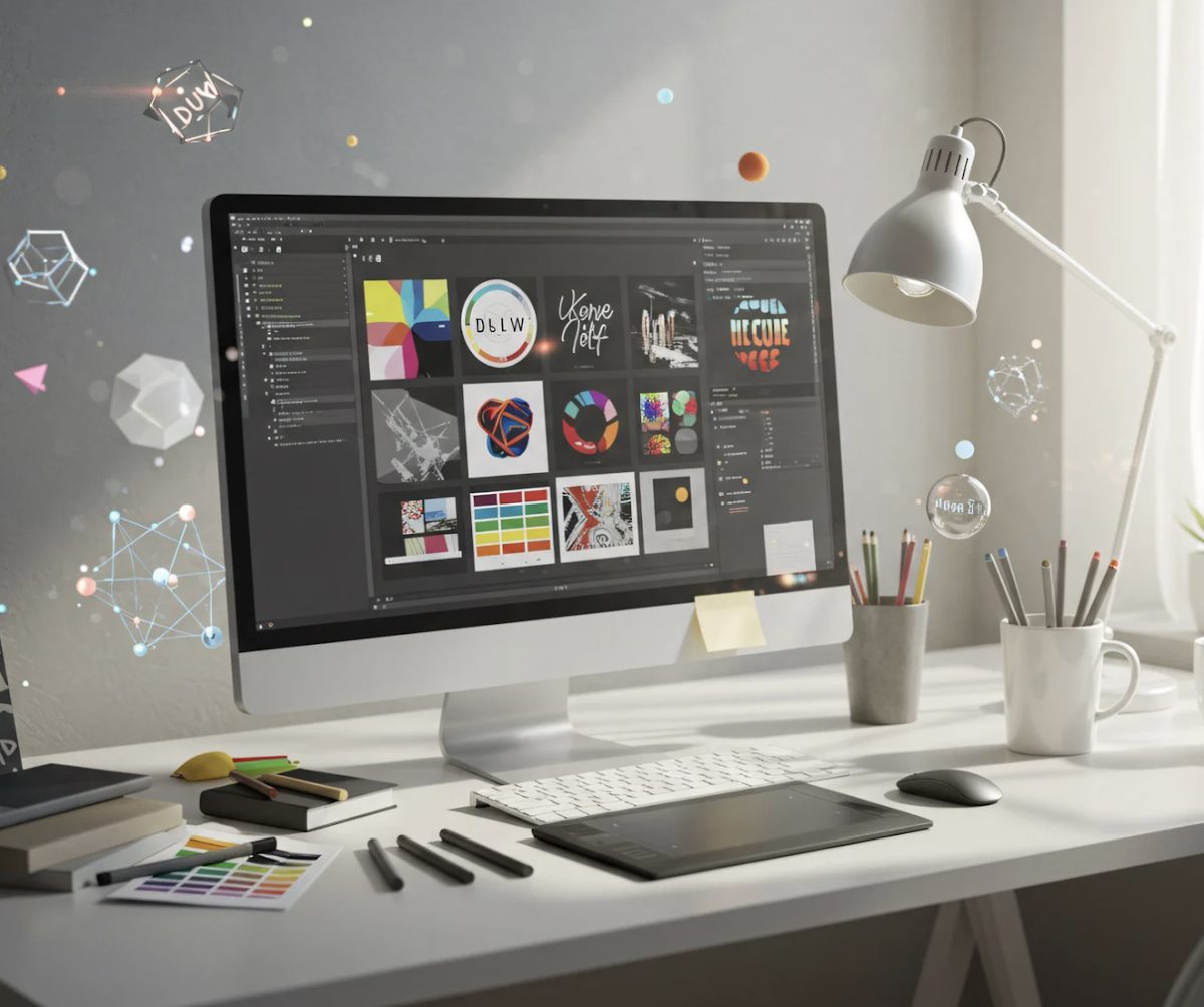 A modern workspace featuring a computer with design software, stationery, and creative tools.