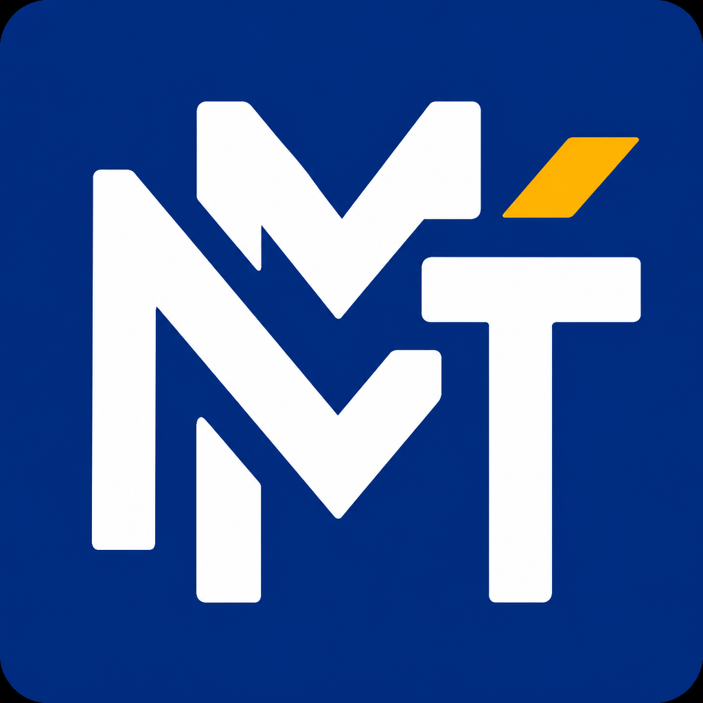 Logo of Nerja Málaga Taxi featuring a blue background with stylized white letters "M" and "T".