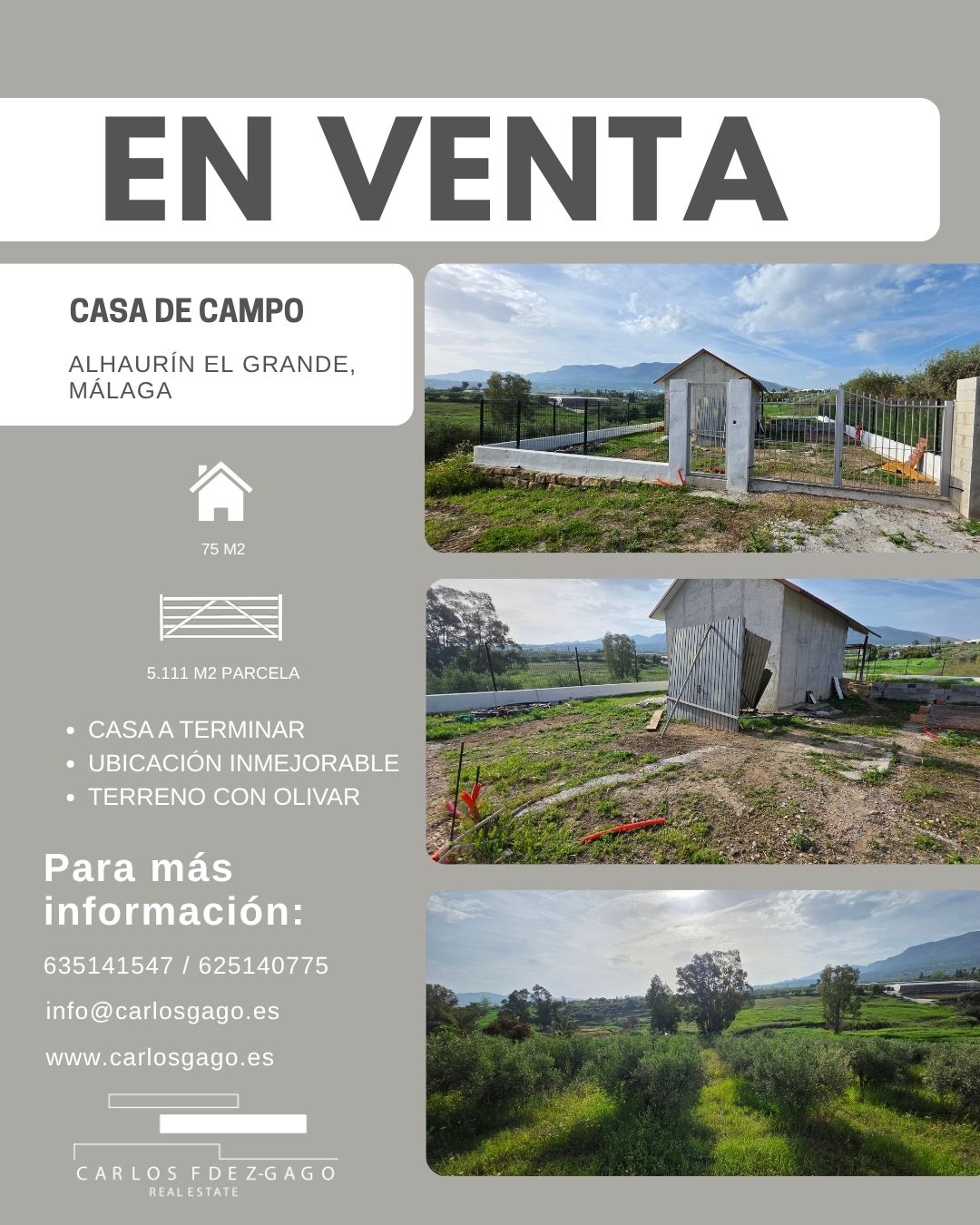 La imagen muestra un anuncio de una propiedad: una casa de campo en Alhaurín el Grande con terreno y edificio construido.