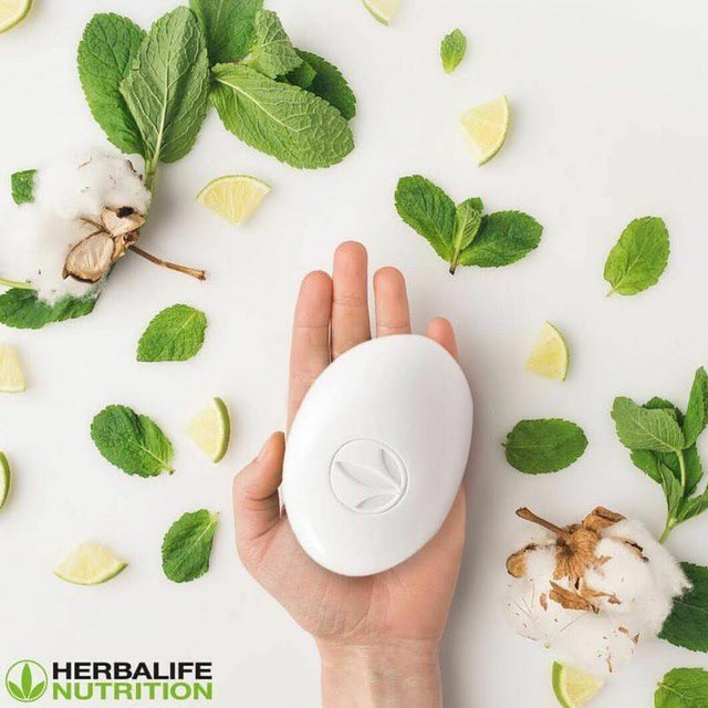 Una mano sostiene un producto blanco de Herbalife Nutrition, rodeada de hojas de menta fresca y algodón.