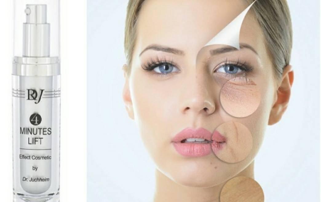 A beauty product advertisement featuring a model's face and a cosmetic serum bottle.