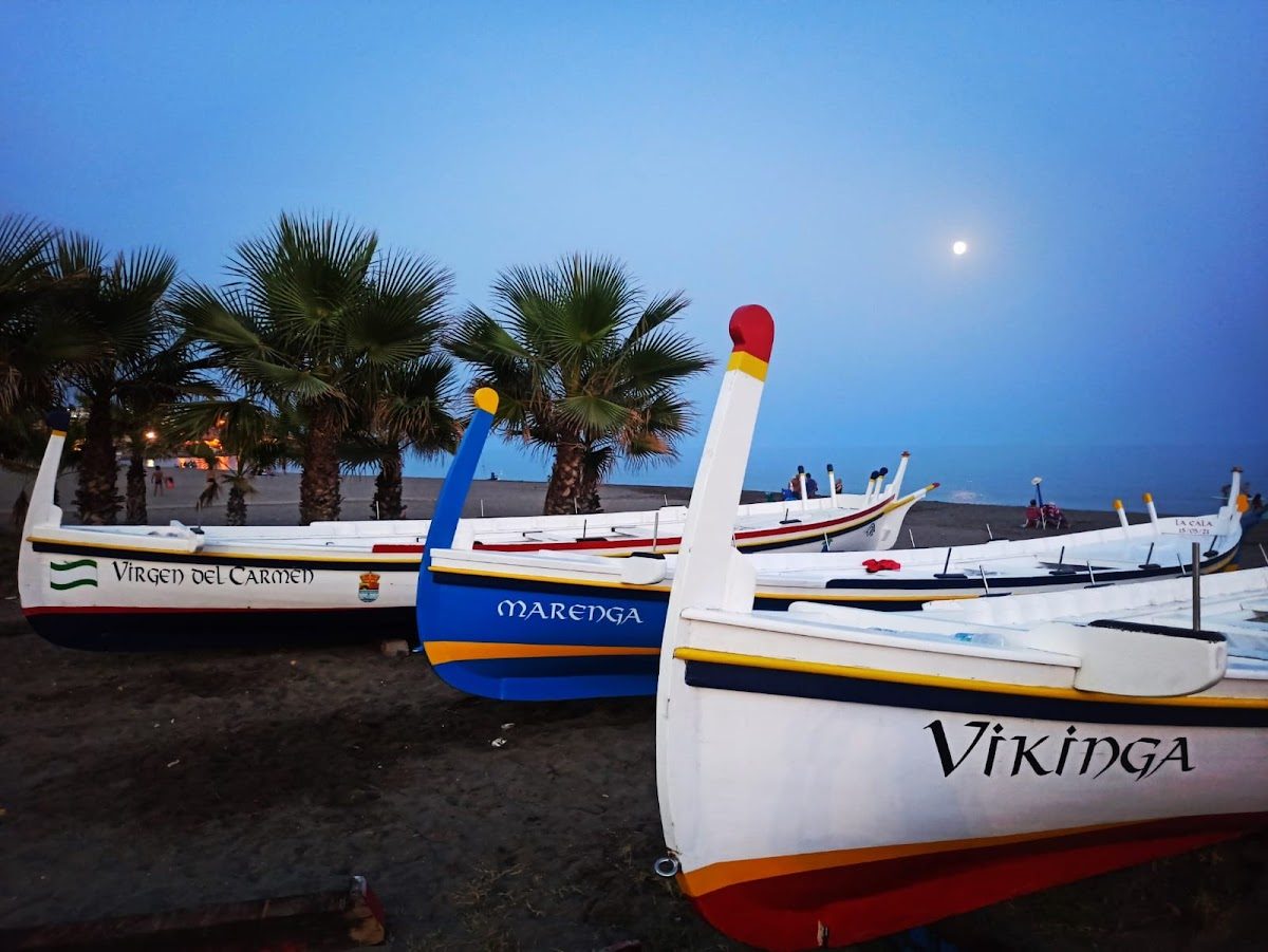 Barcos tradicionales de colores se alineaban en una playa con palmeras y la luna llena de fondo.