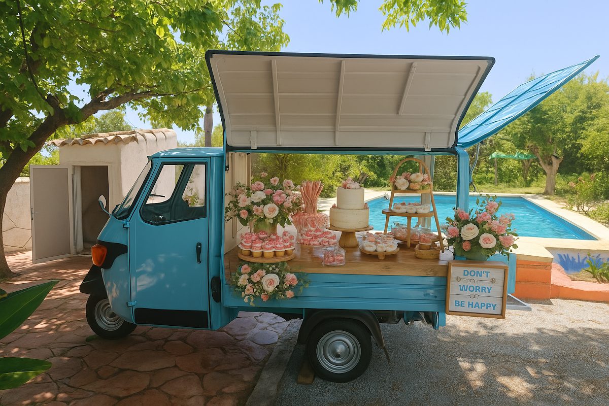 Un camión de comida azul decorado con flores, pasteles y dulces cerca de una piscina en un entorno ajardinado.