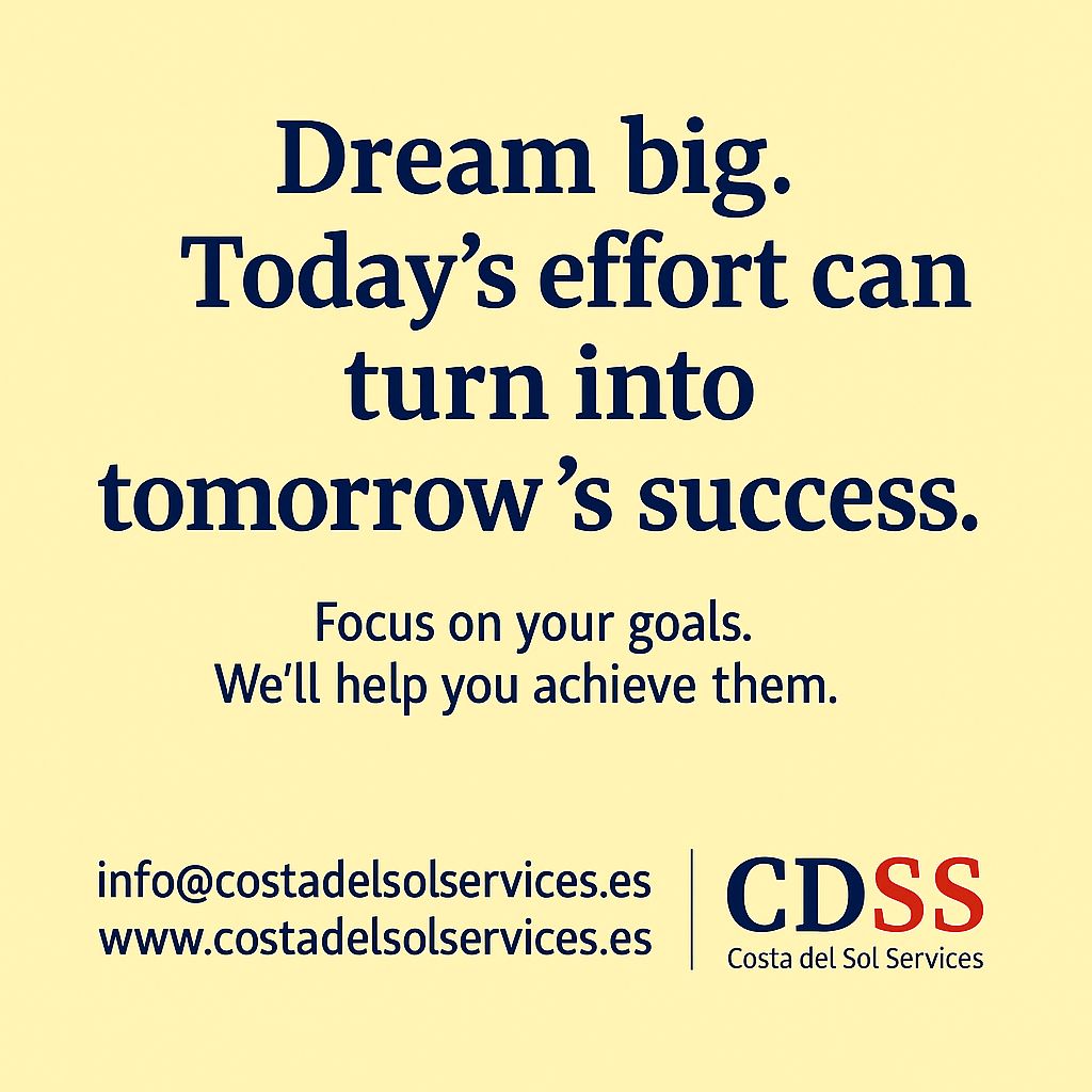 Un póster motivacional de Costa del Sol Services centrado en la consecución de objetivos y el éxito.