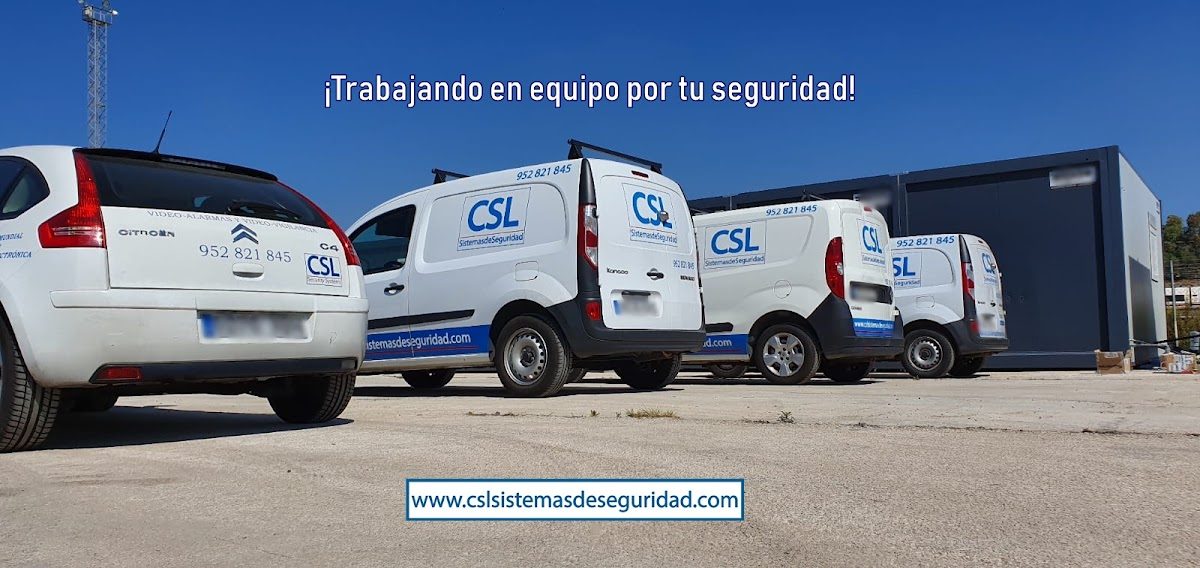 CSL Sistemas de Seguridad vans parked outside their facility in Cruz de Humilladero, Málaga.