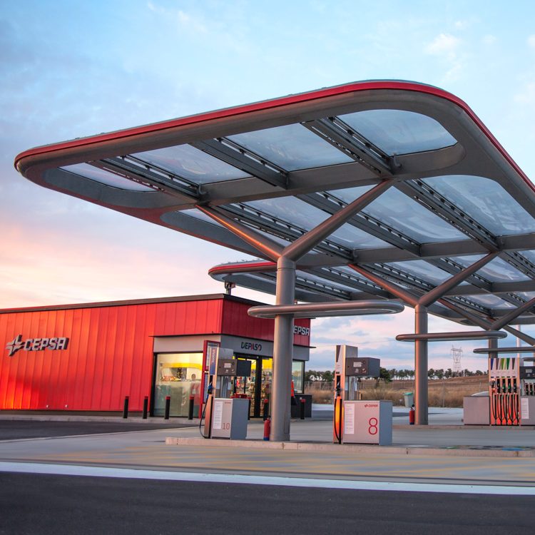 E S Nerja features a modern gas station with a sleek canopy and Cepsa branding.