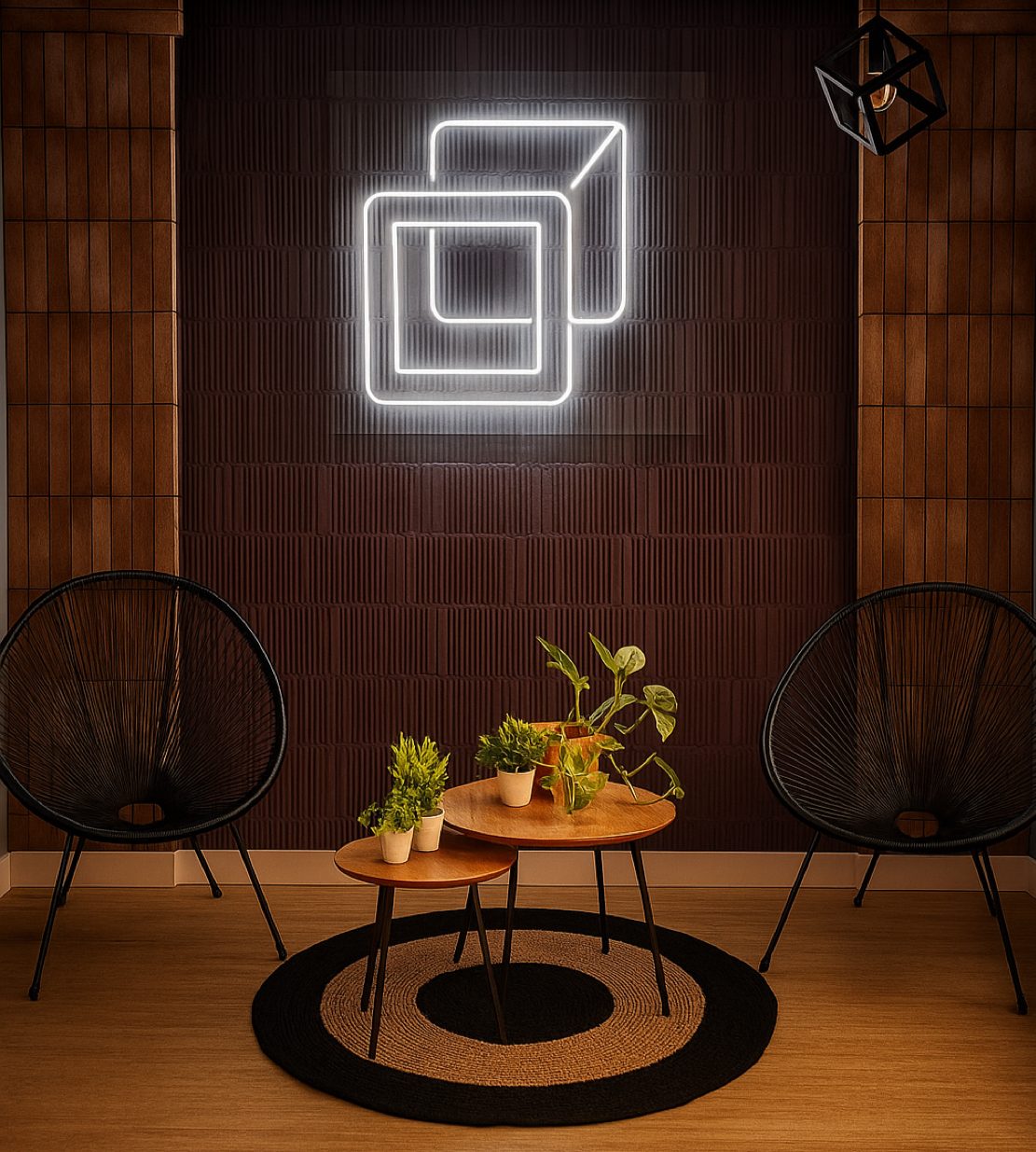 Modern seating area with plants and a neon light display at elcubo in Fuengirola.