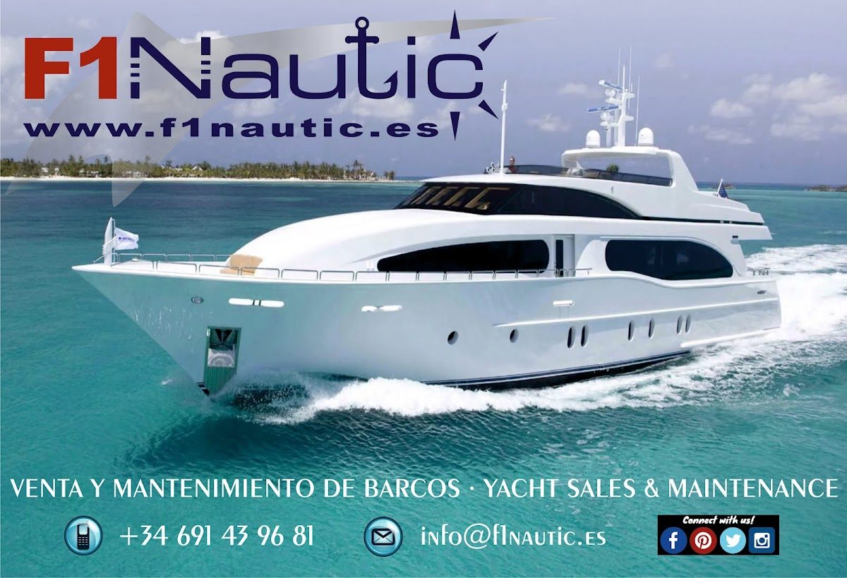F1 Nautic muestra un yate de lujo navegando en aguas cristalinas, ofreciendo servicios de venta y mantenimiento de embarcaciones.