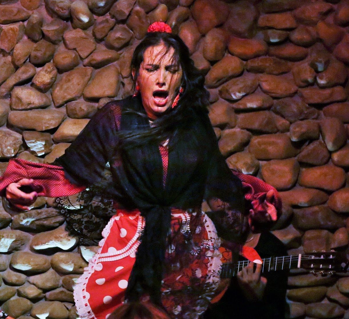 Una artista baila flamenco con pasión, luciendo un vibrante vestido rojo, apoyada contra una pared de piedra en El Gallo Ronco.
