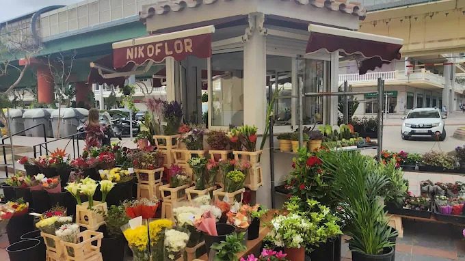 Un animado puesto de flores con diversas flores y plantas de colores a las afueras de la Floristería NikoFlor en Fuengirola.