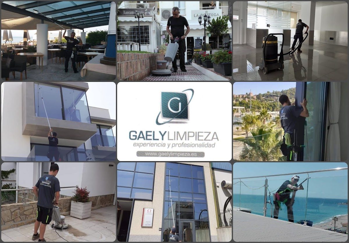 Gaely Limpieza staff performing various cleaning services in different locations, including windows and floors.