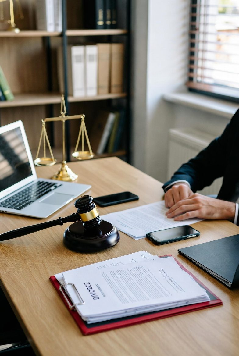 Un escritorio de abogado con un mazo, una computadora portátil, documentos etiquetados como "DIVORCIO" y una balanza de la justicia al fondo.
