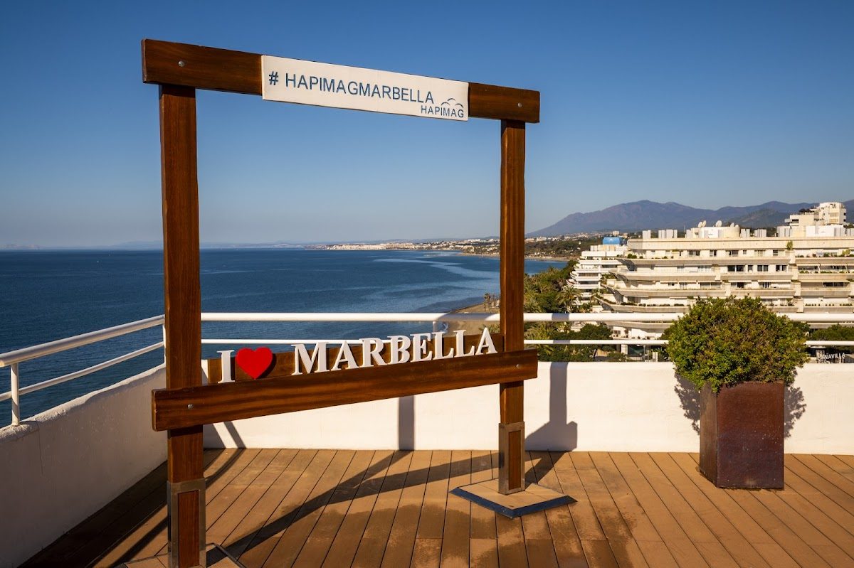 View of the coastline from Hapimag Marbella with a large "I ❤️ MARBELLA" sign.