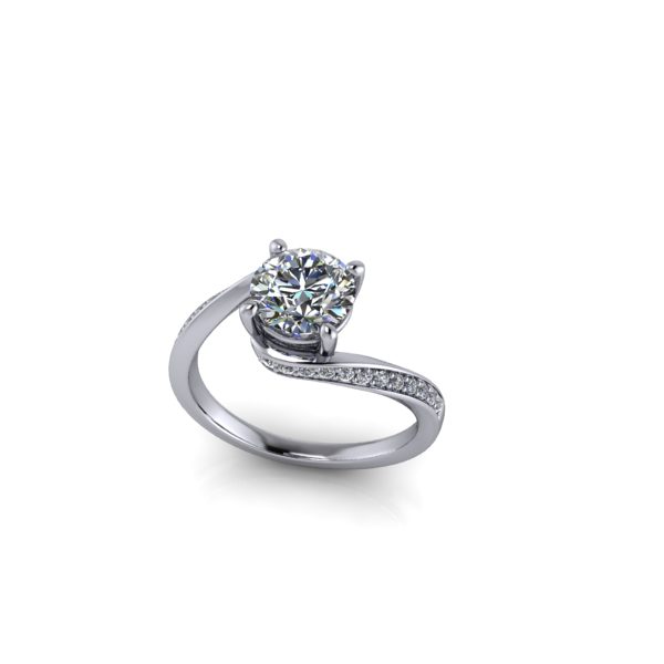 Un deslumbrante anillo de compromiso de diamantes con un diseño de banda retorcida de Joyeria Plaza.