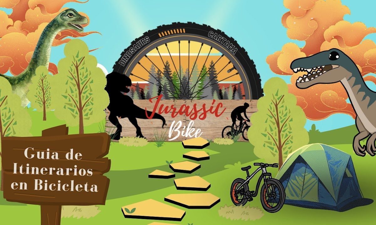 Colorful illustration featuring dinosaurs, a bicycle, and a tent, promoting Jurassic Bike in Cártama, Málaga.