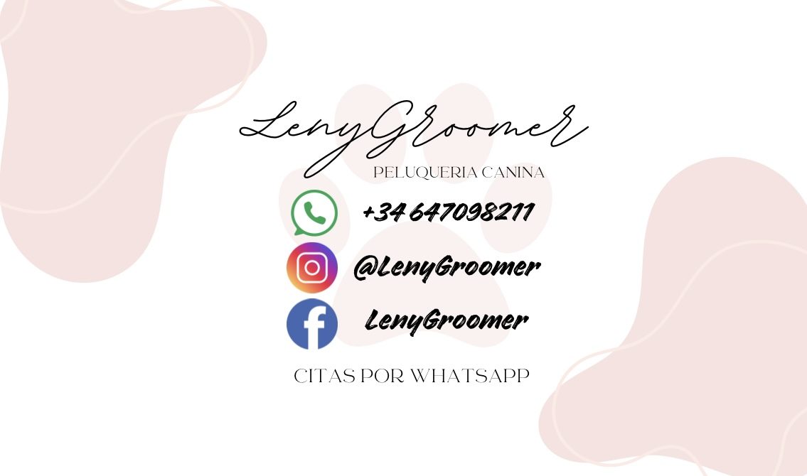 Información de contacto de LenyGroomer Peluquera Canina con perfiles en redes sociales y detalles de WhatsApp sobre un fondo claro.