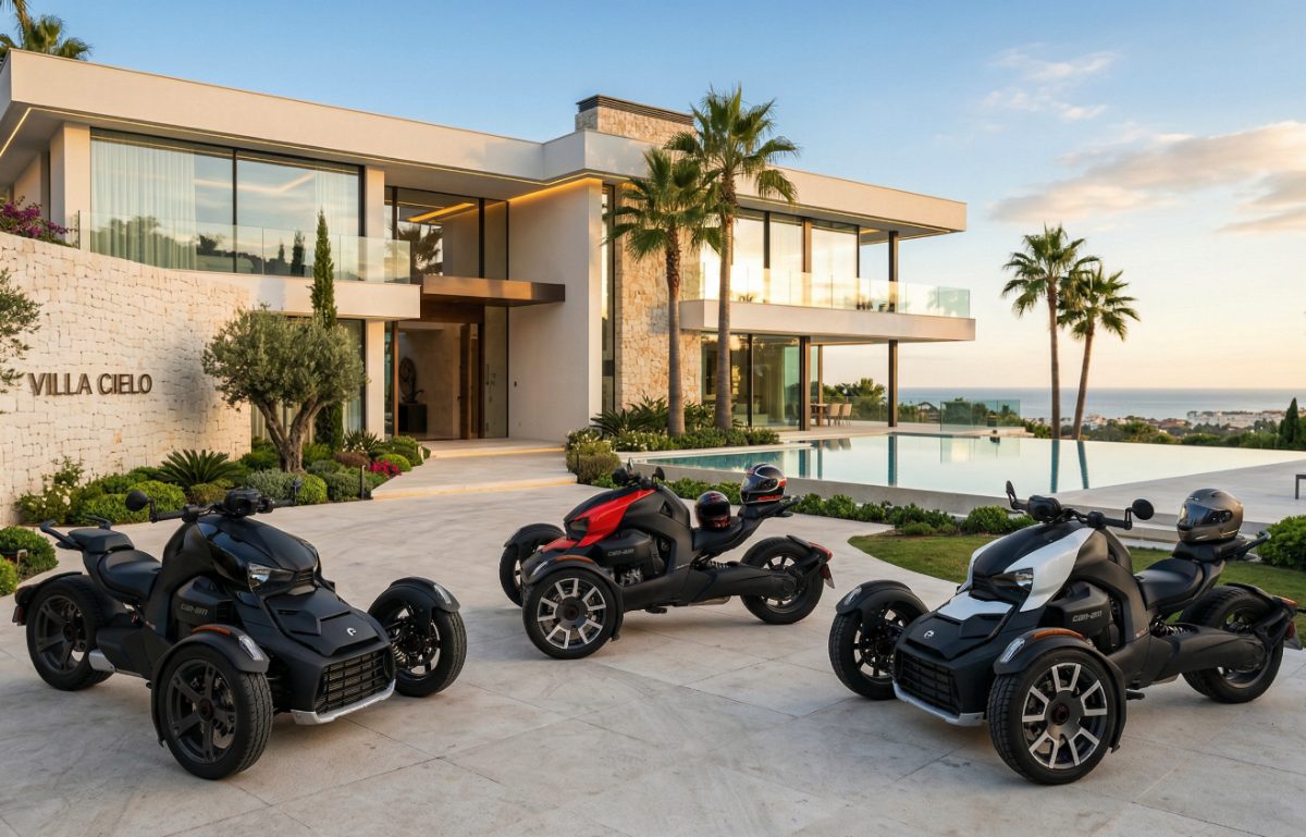 Three stylish all-terrain vehicles parked in front of a modern villa with a pool and palm trees in Marbella.