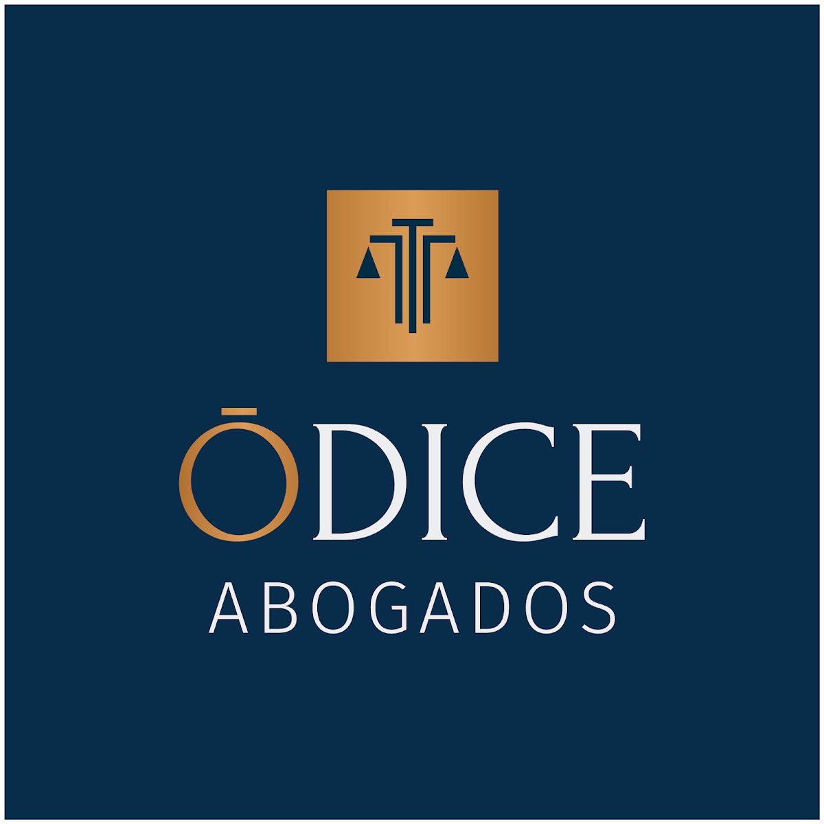 Ódice Abogados logo featuring a gold emblem with scales of justice on a dark blue background.