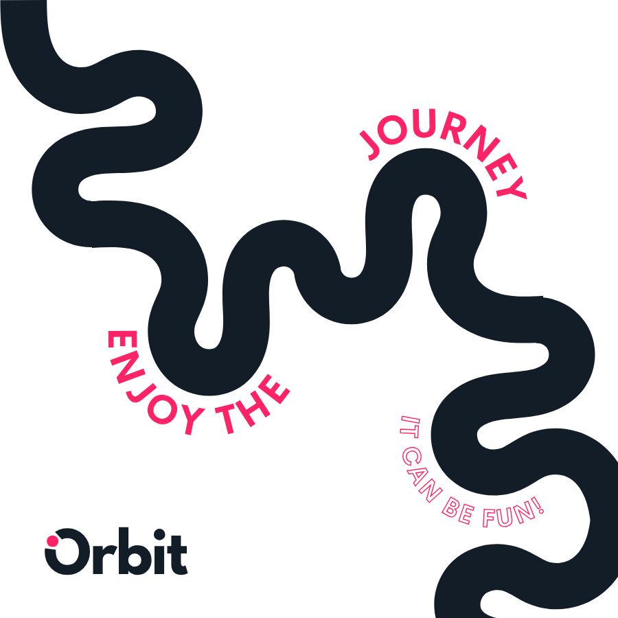 Un gráfico con un diseño ondulado que incluye el texto "Disfruta del viaje" y "¡Puede ser divertido!" junto al logotipo de Orbit.