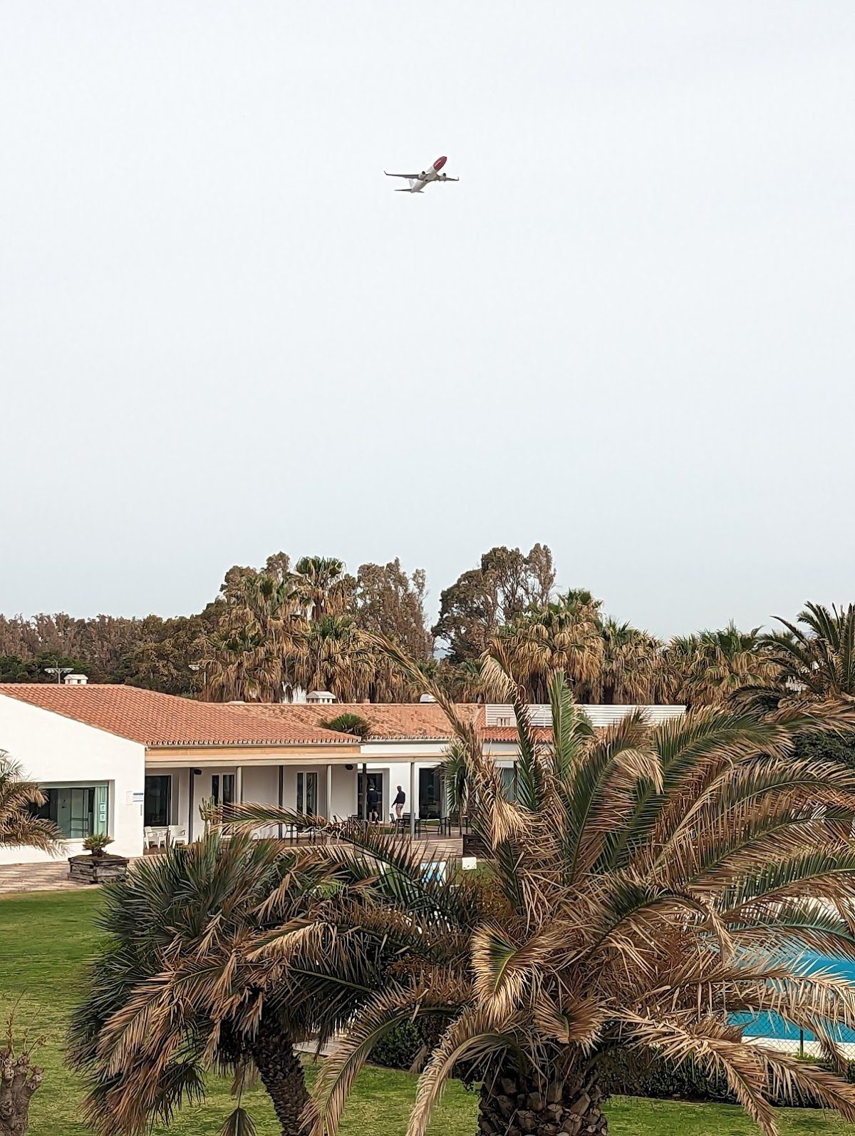 The image shows the Parador de Málaga Golf Club with palm trees and an airplane flying overhead.