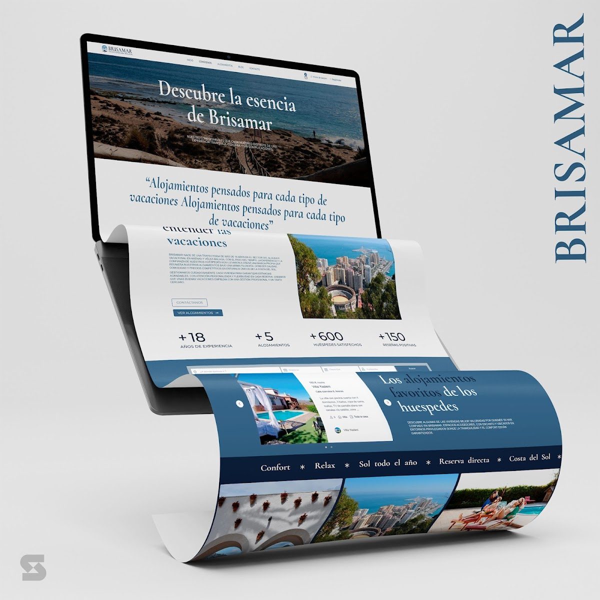 A laptop displaying a website design for Brisamar, showcasing vacation rentals and scenic images.
