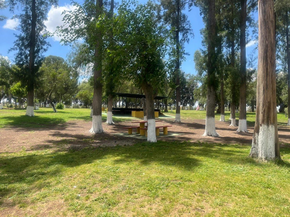 El parque Santillán cuenta con césped verde, árboles altos y una zona de picnic sombreada con bancos.