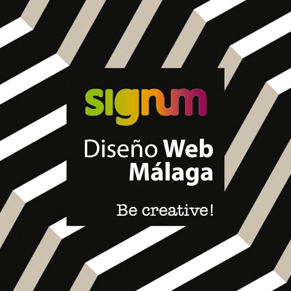 Signum Comunicación's signage features a bold design with vibrant colors and a creative message about web design in Málaga.