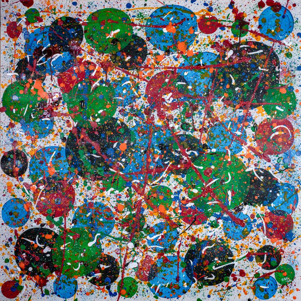 Colorful abstract painting featuring splashes of blue, green, red, and orange on a white background at SLC Abstract.