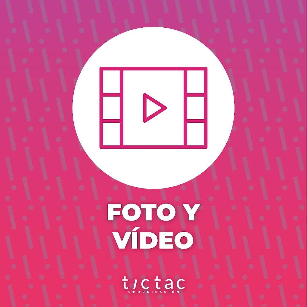 Diseño gráfico con un botón de reproducción y una tira de película sobre un fondo colorido, que representa los servicios de vídeo de Tictac Design Web.