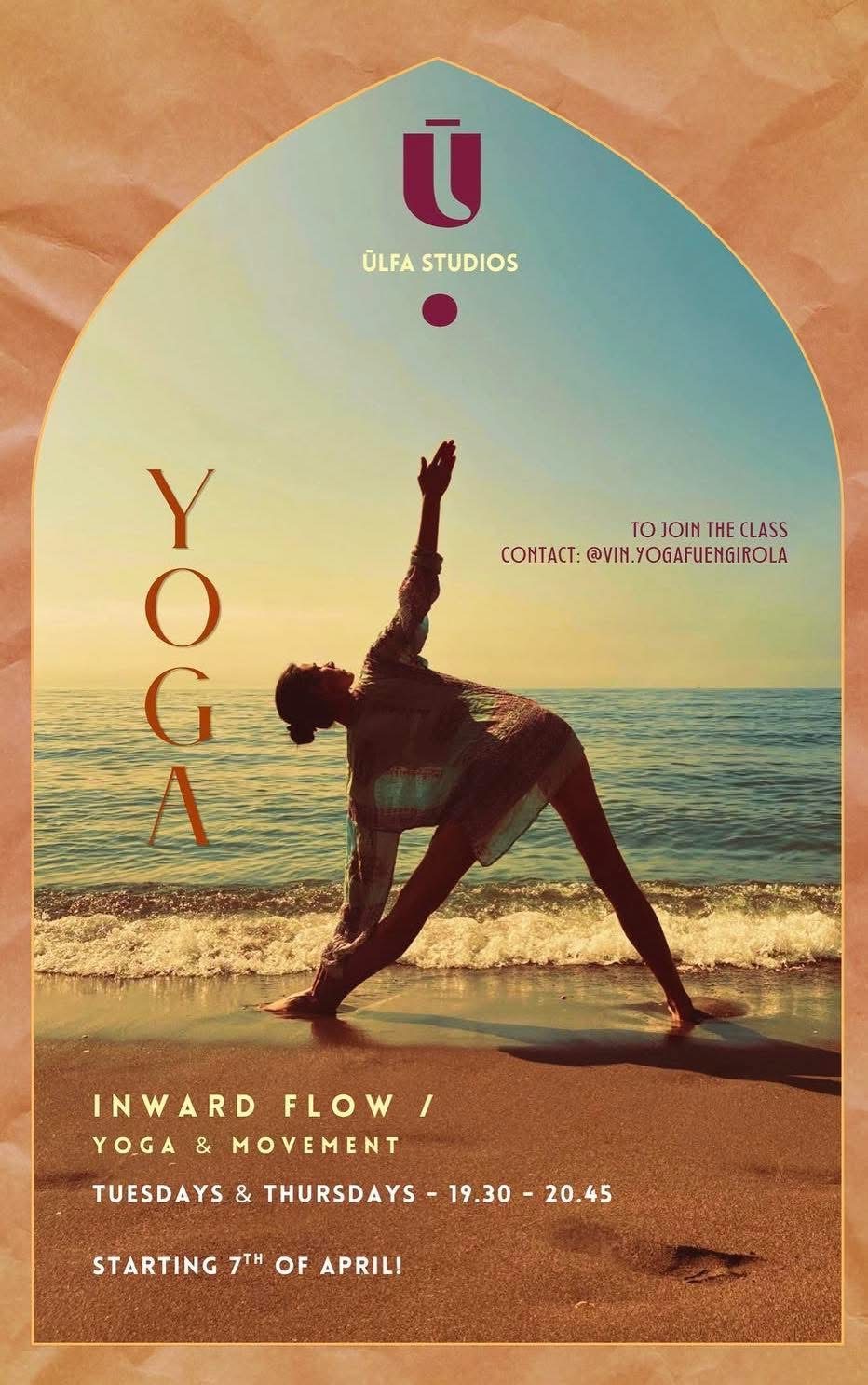 A person practicing yoga on the beach with a sunset backdrop, promoting Ulfa Studios yoga classes.